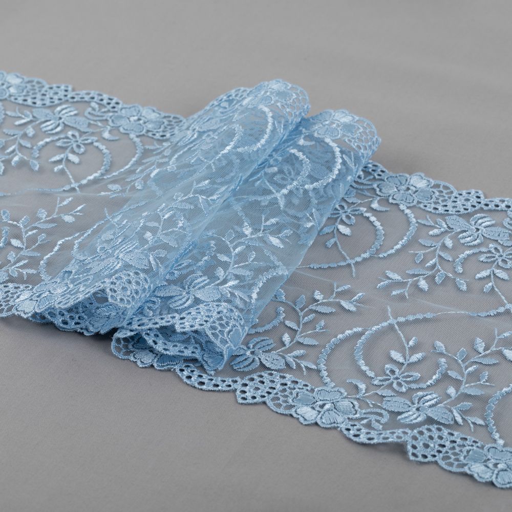 Кружево на сетке 180 мм / 10±0.2 метров, Турция, нежно-голубой, Blitz