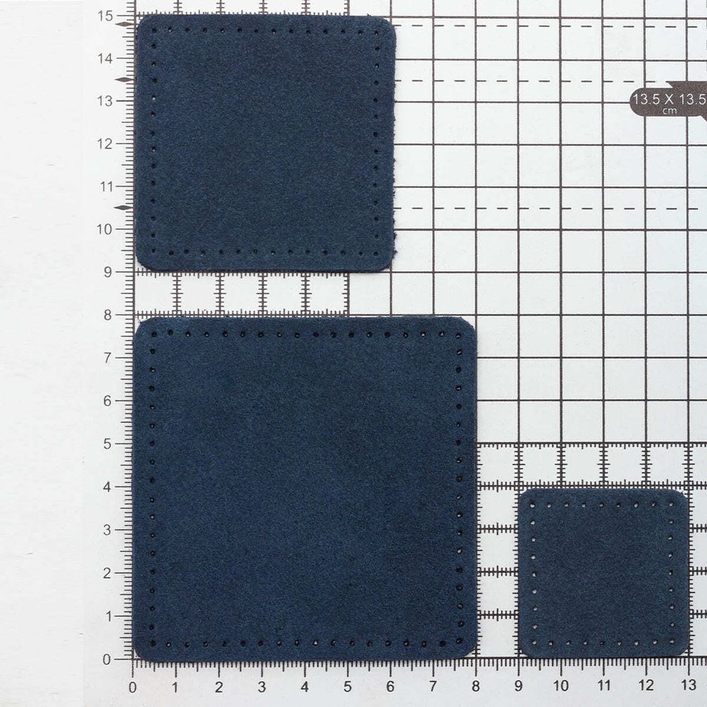 Набор заплаток пришивных из замши, квадрат 4см, 6см и 8см, с перфорацией, 3 шт, 100% кожа (22 темно-синий), 59402