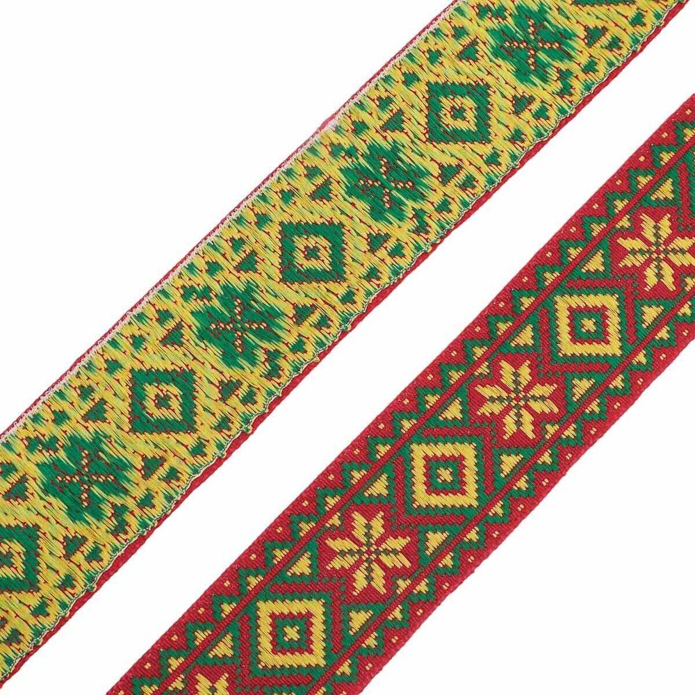 Лента (тесьма) жаккардовая 32.0 мм / 25±1 метров, рис. 9472, (красный/желтый/зеленый) С1853Г17
