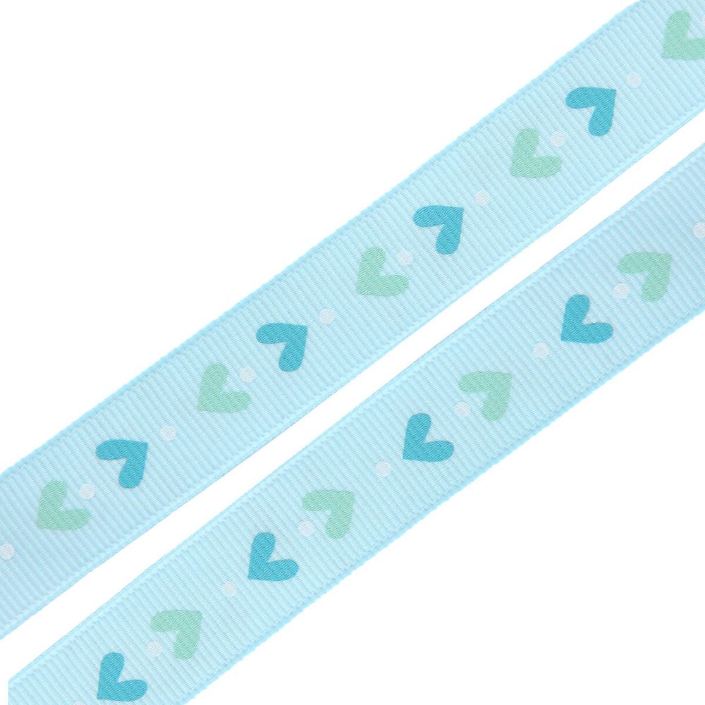 Лента репсовая (в рубчик) Орнамент Сердца, 15 мм, 3м, голубой