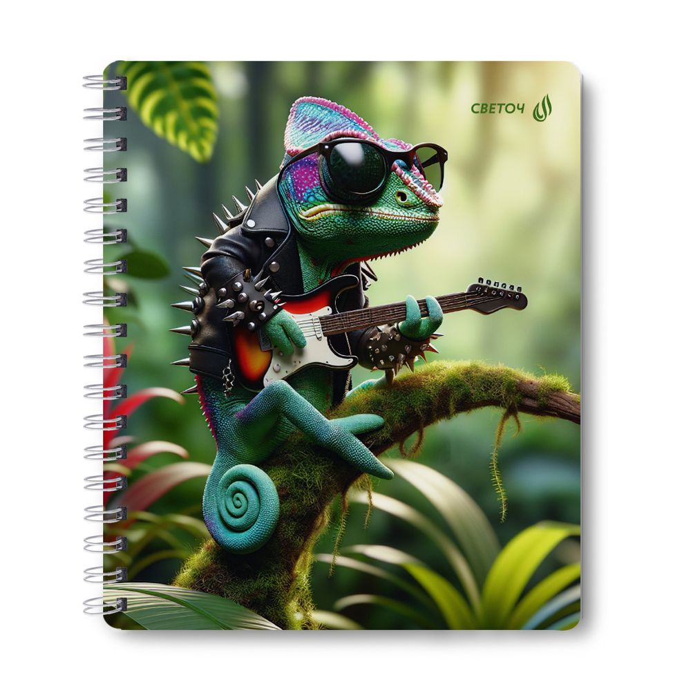 Тетрадь общая с запечатан. пластиковой обложкой, 500 мкр, A5+ 96 л. на гребне 65 г/м², белизна 100 %, 4 шт, клетка, 01390 Рок-гитарист, Светоч ТЕТ96-002