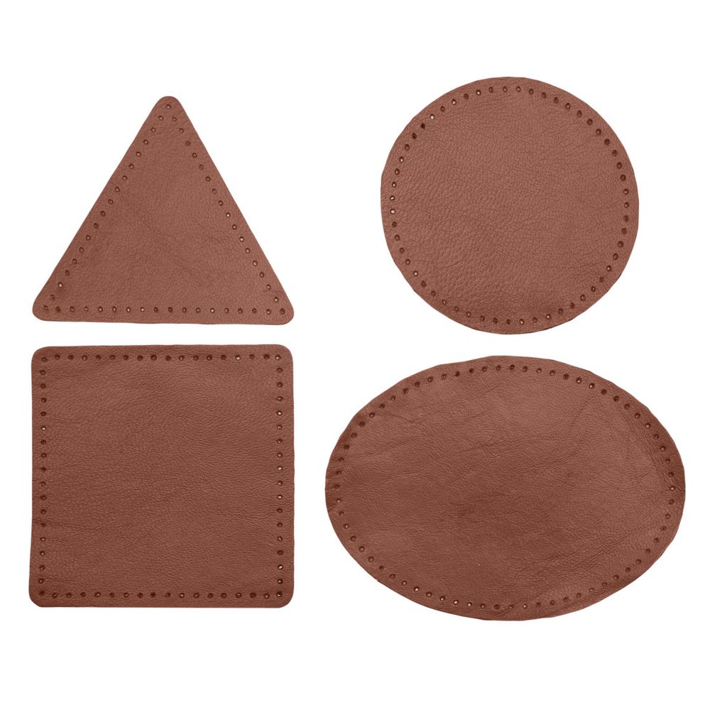 Набор заплаток пришивных из кожи, круг, квадрат, треугольник, овал 8см, с перфорацией, 4 шт (02 светло-коричневый), 9743