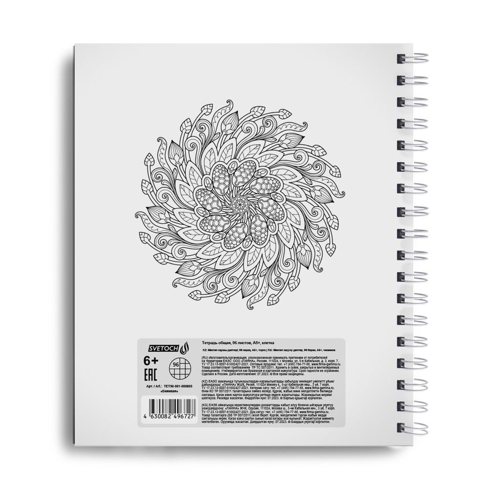 Тетрадь общая с пластиковой обложкой, 500 мкр, тиснение серебряной фольгой, A5+ 96 л. на гребне 65 г/м², белизна 100%, 4 шт, клетка, 000805 Бежевая, Светоч ТЕТ96-001