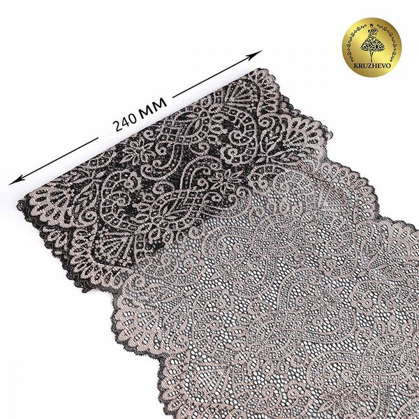 Кружево бельевое эластичное 225 мм / 3 м, TBY.40992, цв.L168 серебристый пион+черный, Kruzhevo