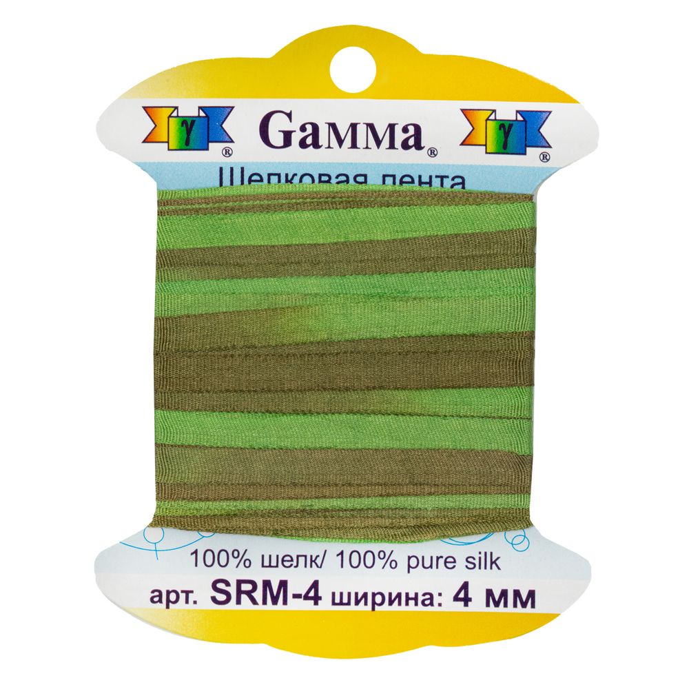 Лента (тесьма) шелковая 4.0 мм / 9.1±0.5 метров, M134 зеленый/коричневый, Gamma SRM-4