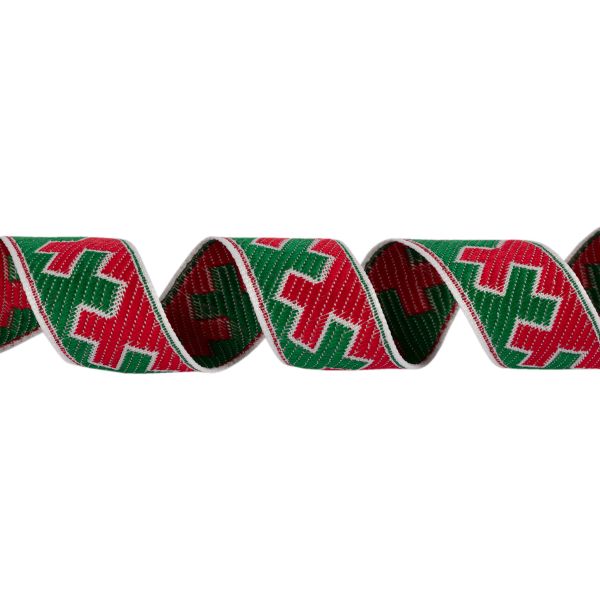 Лента (тесьма) жаккардовая 24.0 мм / 25±1 метров, рис.9591, Орнаменты и узоры народов севера, белый-красный-зеленый, Gamma С3772Г17 рис.9591
