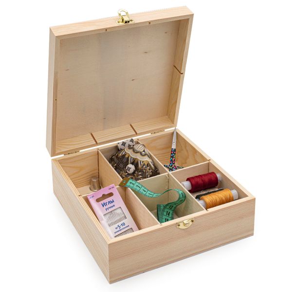 Заготовка для декорирования Шкатулка деревянная с шестью отсеками, сосна/фанера из тополя, 21.5х21.5х8.5см