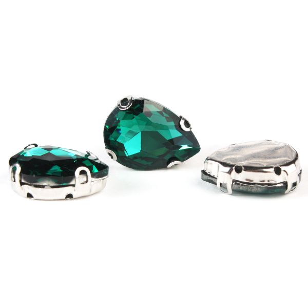 Хрустальные стразы в цапах формы капля, изумрудный 13х18 мм, 3 шт., АЦ009НН1318
