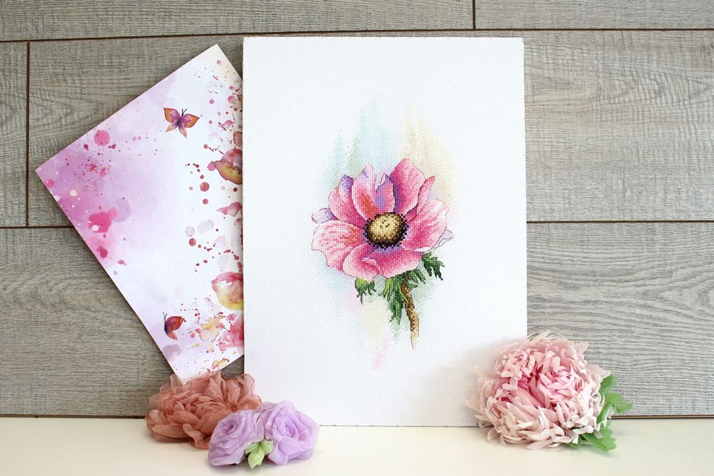 Набор для вышивания нитками МП Студия (Акварель), Розовый Анемон, 16х28 см