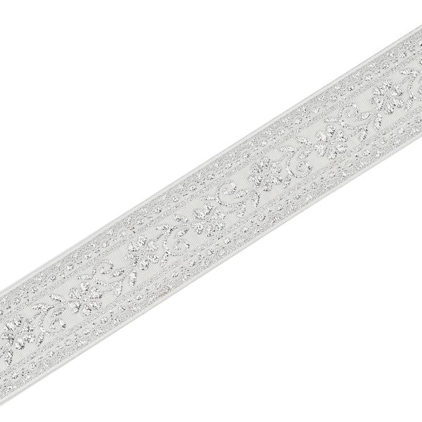 Лента (тесьма) жаккардовая 32.0 мм / 25±1 метров, с метанитом рис. 9842, белый/серебро, С3104Г17