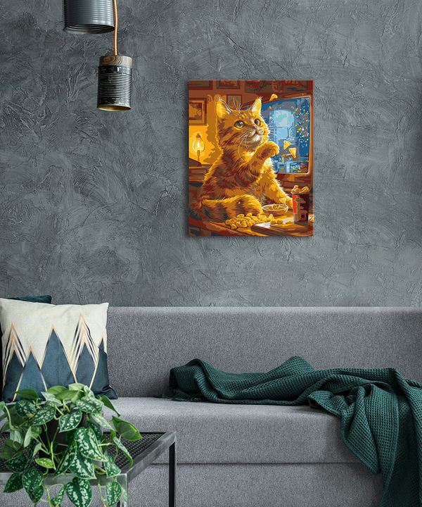 Картина по номерам Фрея PNB/PLC-329, (цветной холст) Котик у телевизора, 50х40 см