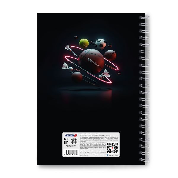 Тетрадь ученическая общая, выборочный УФ лак, A4 80 л. на гребне 65 г/м², белизна 100 %, 4 шт, клетка, 01242 Спорт без границ, Светоч Т128