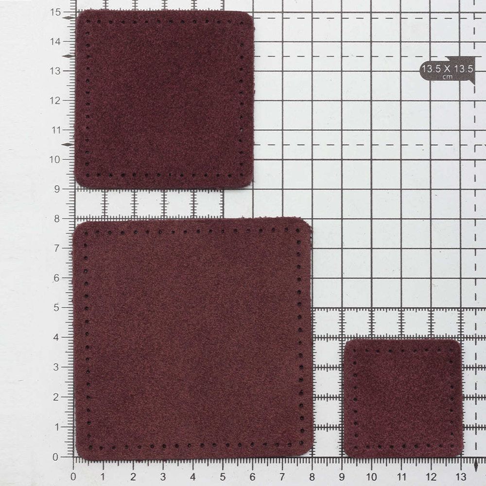 Набор заплаток пришивных из замши, квадрат 4см, 6см и 8см, с перфорацией, 3 шт, 100% кожа (31 бордовый), 59402