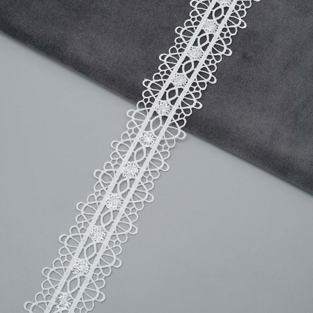 Кружево гипюр (плетёное) 35 мм, / 13.71 метра, с пайетками, белый