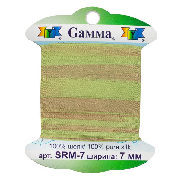 Лента (тесьма) шелковая 7.0 мм / 9.1±0.5 метров, M108.1 зеленый/св.коричневый, Gamma SRM-7