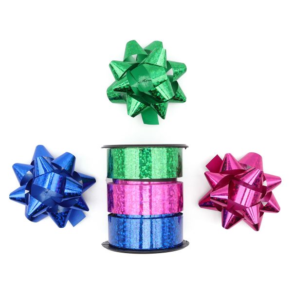 Набор для упаковки: 3 ленты + 3 бантика, AR397, синий/розовый/зеленый