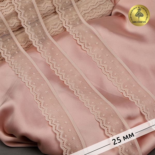 Кружево эластичное (стрейч) 25 мм, 8028, цв.L168 серебристый пион уп.50м, Kruzhevo