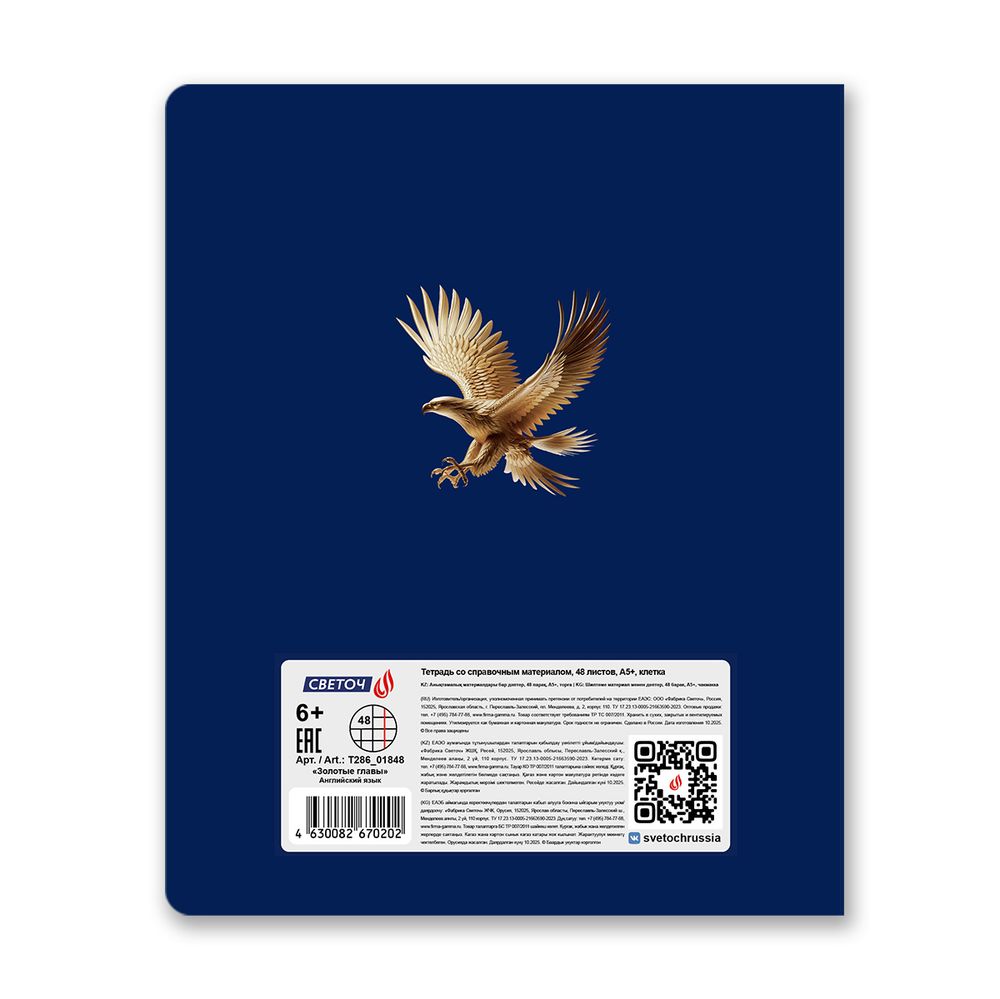 Тетрадь со справочным материалом Золотые главы, тисн.золот.фольгой, A5 48 л. на скобе 65 г/м², белизна 100% 10 шт клетка, 01848 Золотые главы Английский язык, Светоч Т286