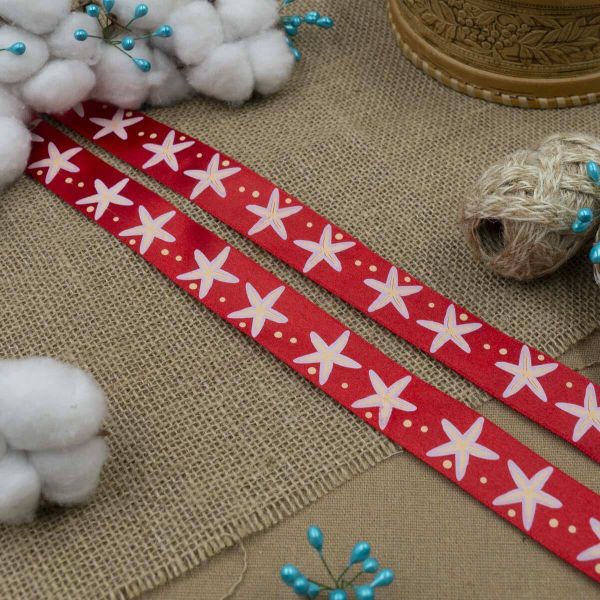 Лента атласная с рисунком 25.0 мм / 3 метра, Морская звезда (красный), Globus