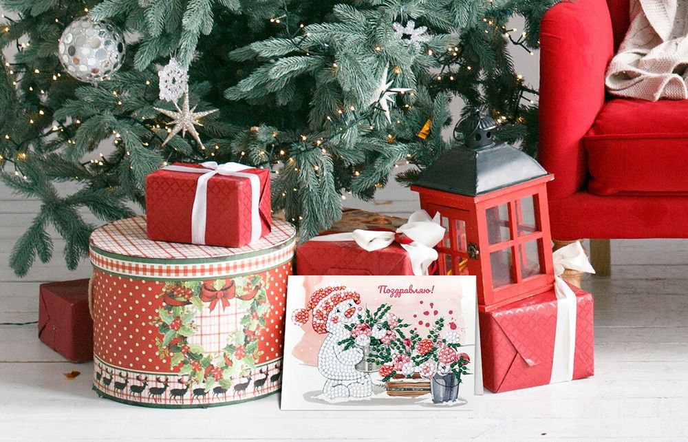 Алмазная (кристальная) мозаика Фрея, открытка Снеговичок с цветами, 14.8х10.5 см