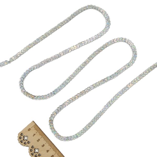 Тесьма пайетки, 6 мм, 73м (50112 серебро)