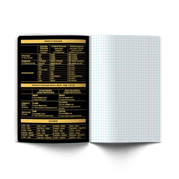 Тетрадь со справочным материалом Золотая коллекция, тиснение золотой фольгой, A5+ 48 л. на скобе 65 г/м², белизна 100 %, 10 шт, клетка, 01323 Золотая коллекция Английский язык, Светоч Т145