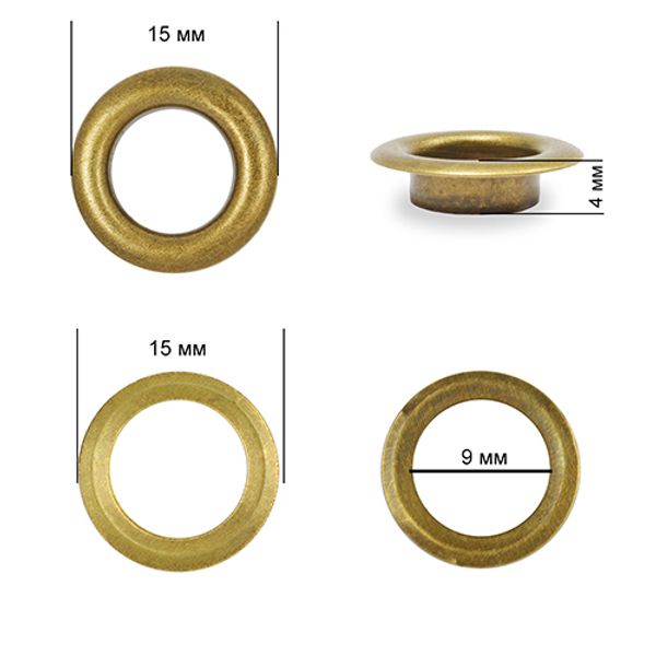 Люверсы металл ⌀_9.0 мм (внутр.), внешн. ⌀15 мм (внутр.), h4 мм (внутр.), №24, сталь, цв. антик, 500 шт, TBY