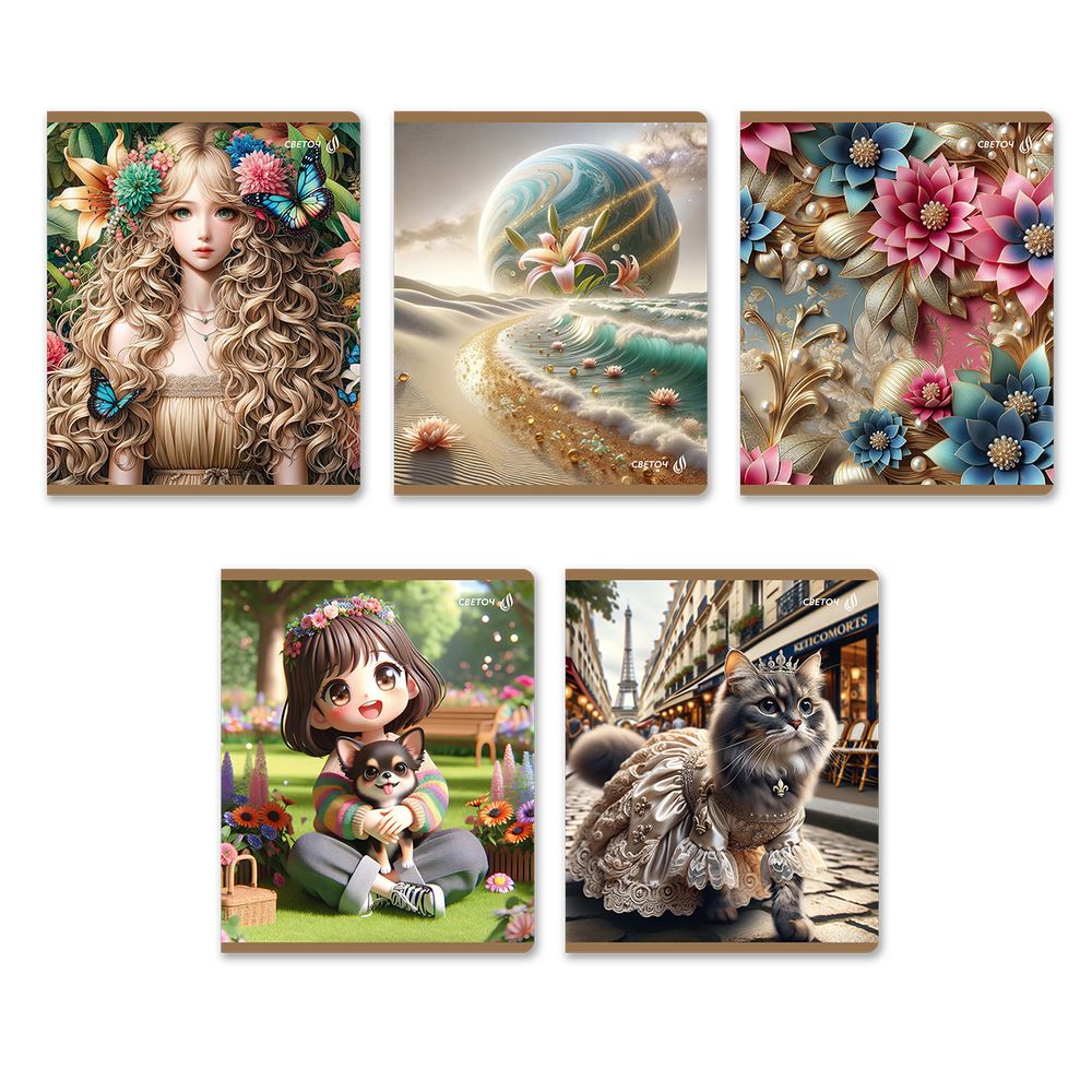 Тетрадь ученическая общая, глянцевый сплошной лак A5+ 48 л. на скобе 65 г/м², белизна 100 %, 10 шт, клетка, 01114 Микс-Чудное мгновенье, Светоч Т71