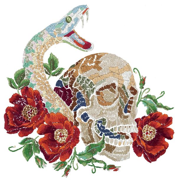 Набор для вышивания нитками Panna Живая картина JK-2334, Череп со змеей, 18х18.5 см