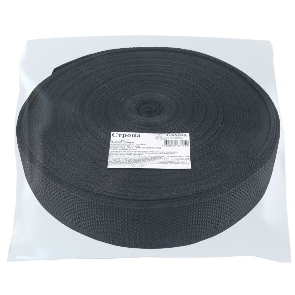 Стропа (ременная лента) 50 мм / 30 метров, толщ. 1.1 мм, [28 г/пог.м], 100% п/п, 0 черный, Gamma 3077