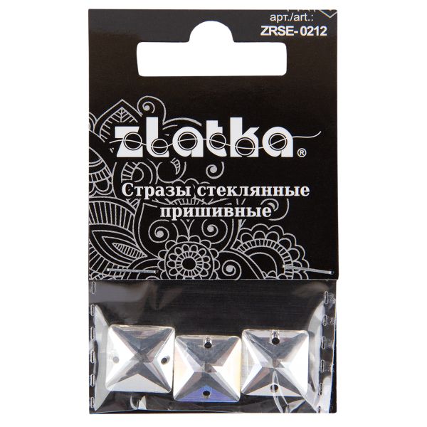 Стразы стекло 12х12 мм, 15 шт (5х3 шт), №01 белый (Crystal), Zlatka ZRSE-0212
