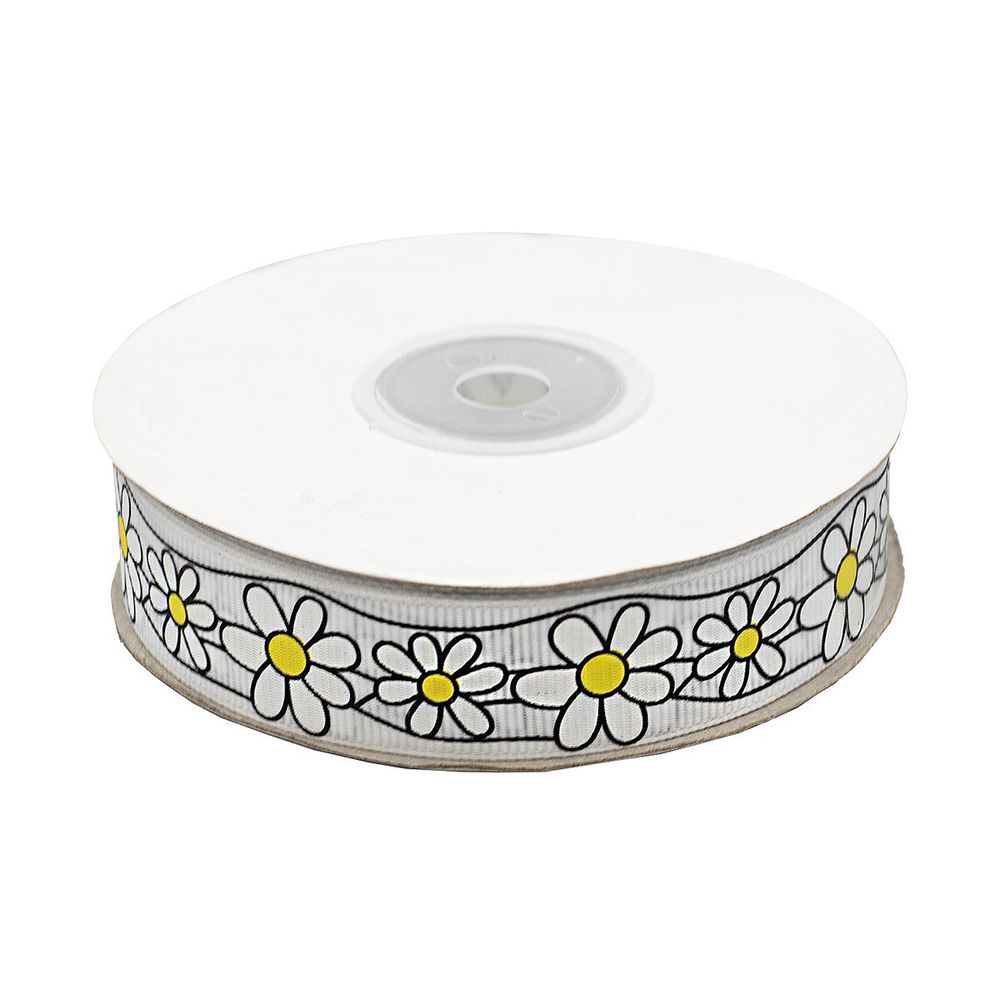 Лента репсовая (в рубчик) Ромашки 1,5см*22.86 м (белый)