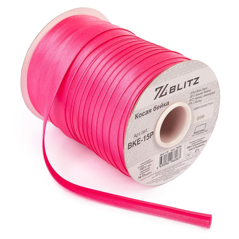 Косая бейка атласная 15 мм / 132±1 метра, 098 т.розовый, Blitz BKE-15P
