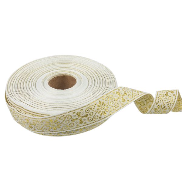 Лента (тесьма) жаккардовая 23.0-25.0 мм, / 25 метров, белый/под золото, Blitz