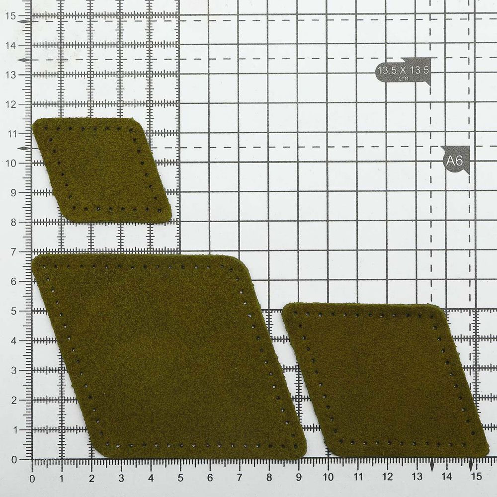 Набор заплаток пришивных из замши, ромб 4х5,6см, 6х8,4см, 8х11,2см, с перфорацией, 3 шт (33 хаки), 59405