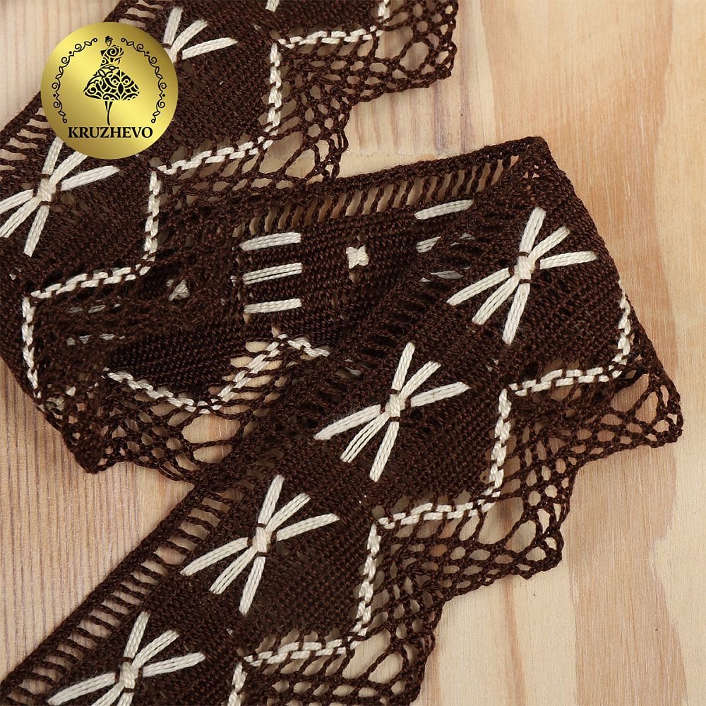 Кружево вязаное (тесьма) 37 мм, диз.K-10034, цв.коричневый+белый, 3м, Kruzhevo