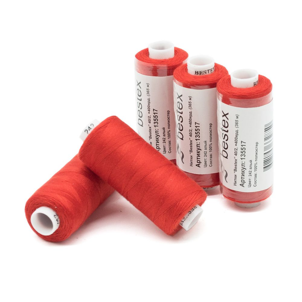 Нитки швейные бытовые Bestex 40/2, 365 м (400 ярд) / 10 кат., 242 алый