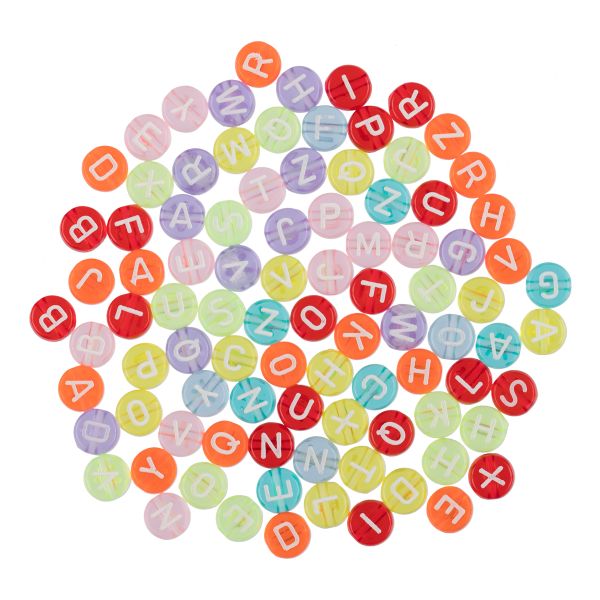 Бусины пластик 4х7 мм, 1000 шт (10х100 шт), №02 цветные/прозрачные английский алфавит, Hobbius ABFD