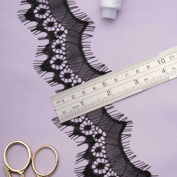 Кружево шантильи (реснички) на сетке 60 мм / 30 метров, черный, 3AR1279