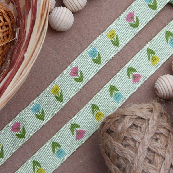 Лента репсовая (в рубчик) Тюльпаны, 15 мм, 3м, зеленый