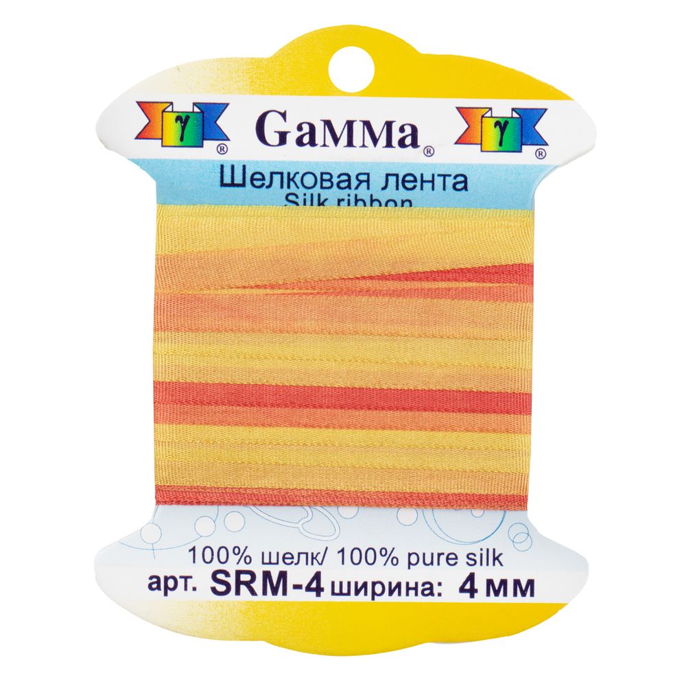 Лента (тесьма) шелковая 4.0 мм / 9.1±0.5 метров, M127 желтый/коралловый, Gamma SRM-4