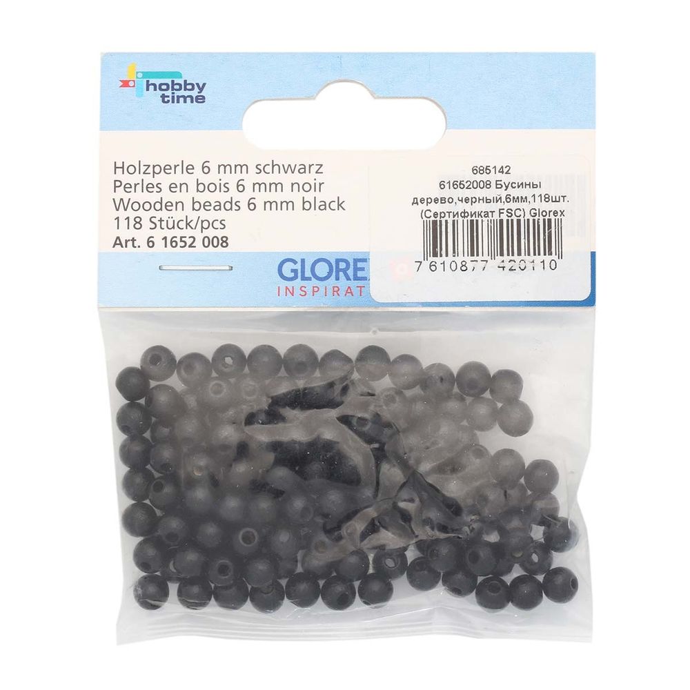Бусины дерево черный, 6 мм, 118 шт, Glorex /TOS/
