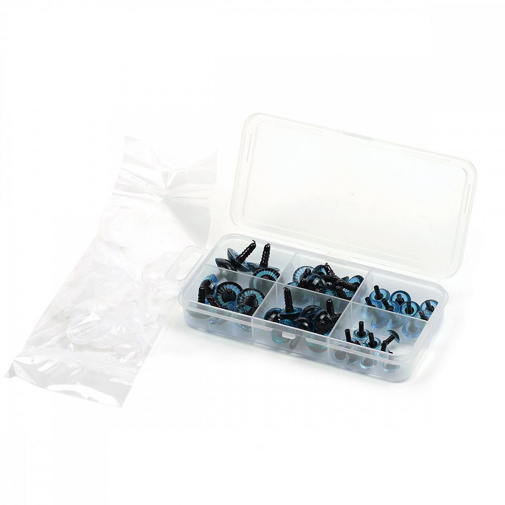 Набор глаз в органайзере винтовые пластик с лучиками синие d11-22мм 46 шт с фикс №6