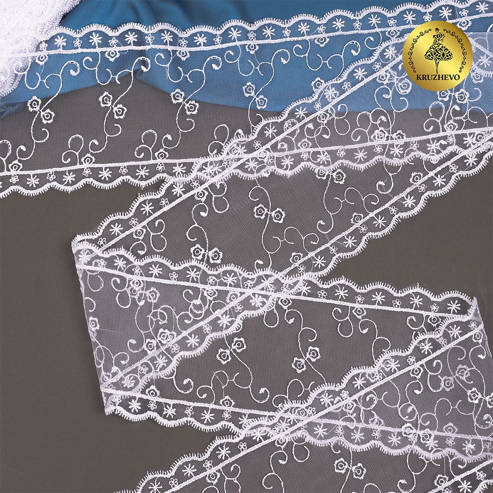 Кружево на сетке широкое 120 мм, цв.01 белый, уп.13.7м, Kruzhevo