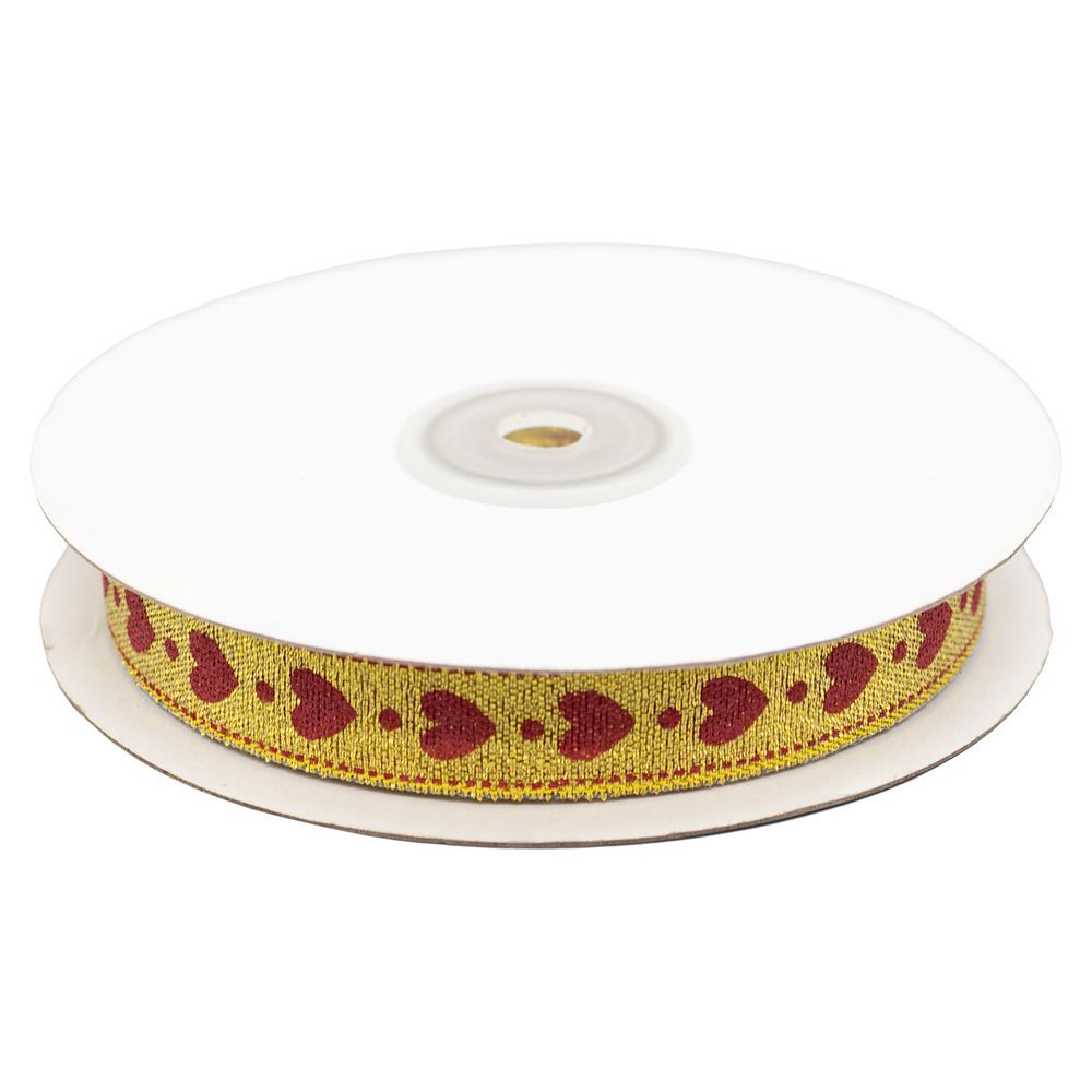 Лента декоративная Сердечки, DM-011, 15.0 мм / 32,9м золото/красный