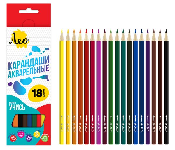 Карандаш акварельный в наборе заточенный 8х18 цв, Лео LNSWP-18