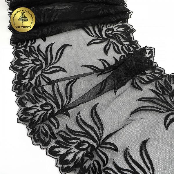 Кружево на сетке (вышитое) арт.T98 245мм цв.черный уп.7м, Kruzhevo