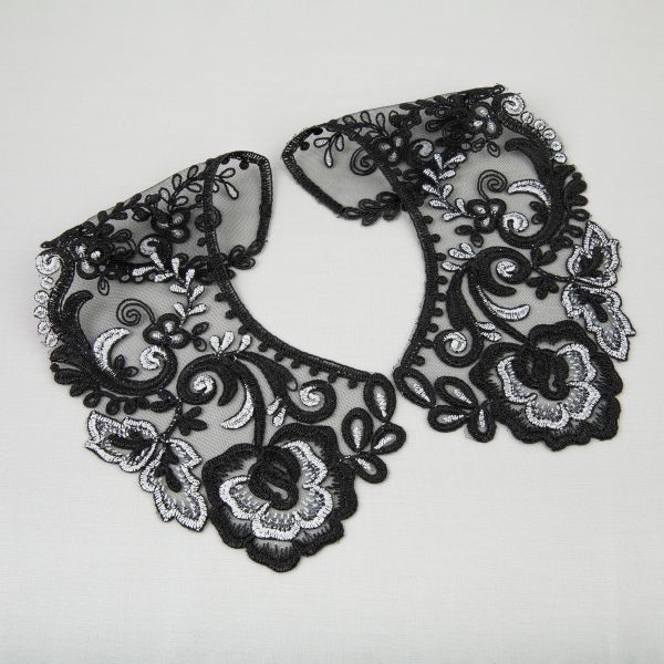 Пришивной кружевной воротник 100 мм, на сетке, 5 пар, Турция, черный/под серебро, Gamma VKRM-27-03