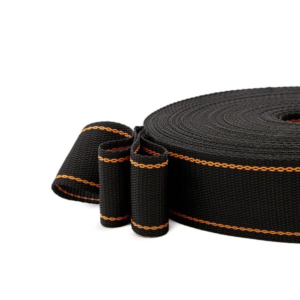 Стропа (ременная лента) 50 мм / 30 метров, толщ. 1.0 мм, [28.36 г/пог.м], 100% п/э, чёрн. с оранж. полосой