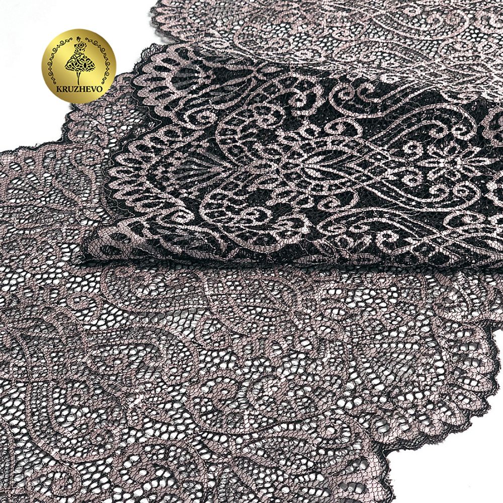 Кружево бельевое эластичное 240 мм / 25 м, 40992, цв.168 серебристый пион+черный, Kruzhevo